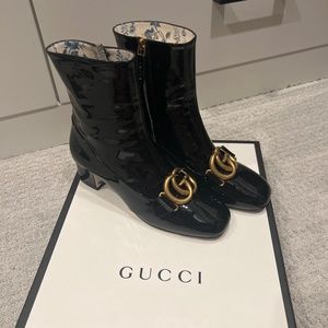 Gucci GG Marmont Patent Leather Ankle Bootie Size 37 1/2, US 7.5